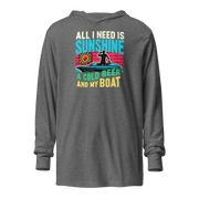 Lightweight hoodie featuring "All I Need Is Sunshine, a Cold Beer, and My Boat" with a retro sunset and a man in a boat.