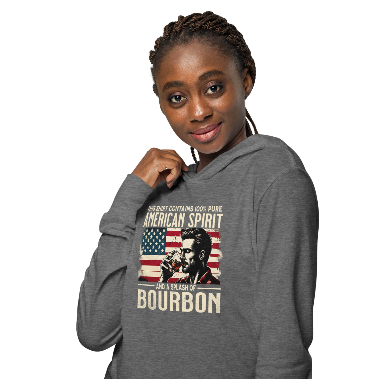 Lightweight hoodie with 'This Shirt Contains 100% American Spirit and a Splash of Bourbon' text, man drinking a glass of bourbon, and distressed American flag background.