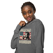 Lightweight hoodie with 'This Shirt Contains 100% American Spirit and a Splash of Bourbon' text, man drinking a glass of bourbon, and distressed American flag background.