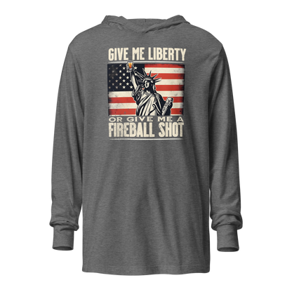 Lightweight hoodie with 'Give Me Liberty or Give Me a Fireball Shot' text, Statue of Liberty holding a shot glass, and distressed American flag background. Perfect for 4th of July."