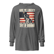 Lightweight hoodie with Give Me Liberty or Give Me a Shot of Bourbon text, Statue of Liberty holding a shot glass, and distressed American flag background. Perfect for 4th of July.