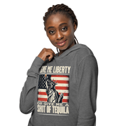 Lightweight hoodie with Give Me Liberty or Give Me a Shot of Tequila text, Statue of Liberty holding a shot glass, and distressed American flag background. Perfect for 4th of July.