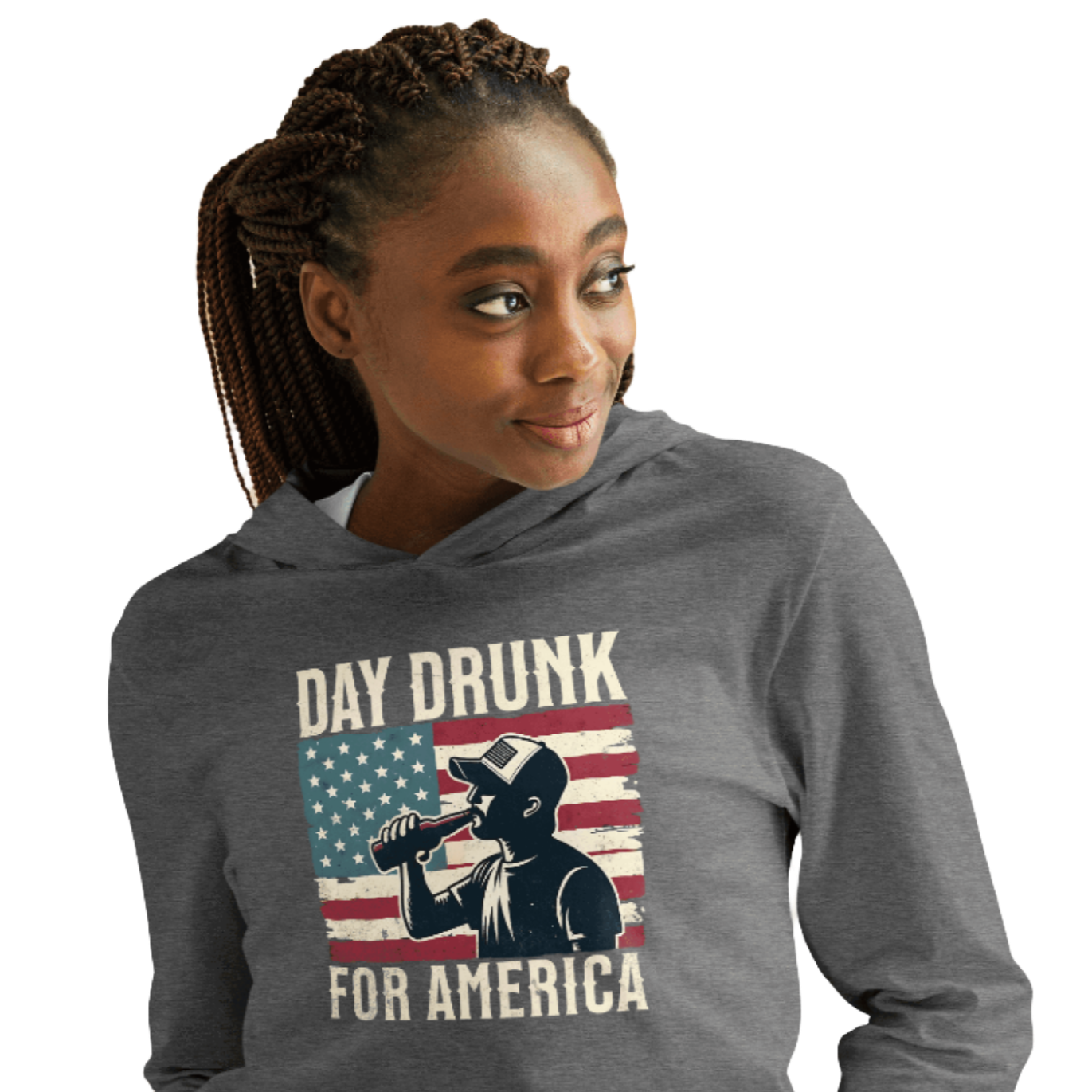 Lightweight hoodie with Day Drunk for America text, silhouette of a man drinking a bottle of beer, and distressed American flag background. Perfect for 4th of July.