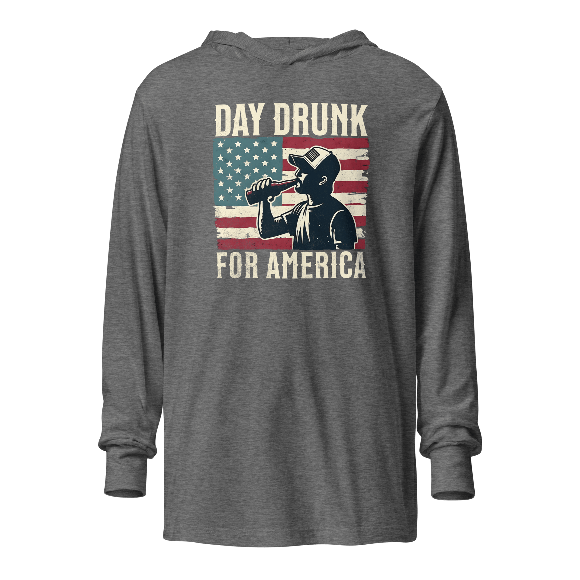 Lightweight hoodie with Day Drunk for America text, silhouette of a man drinking a bottle of beer, and distressed American flag background. Perfect for 4th of July.