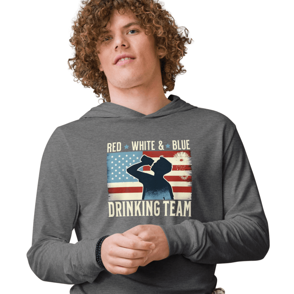 Lightweight hoodie with Red White and Blue Drinking Team text, man drinking beer, and distressed American flag background. Perfect for 4th of July.