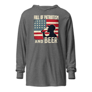 Lightweight hoodie with Full of Patriotism and Beer text and a distressed American flag background. Perfect for 4th of July.