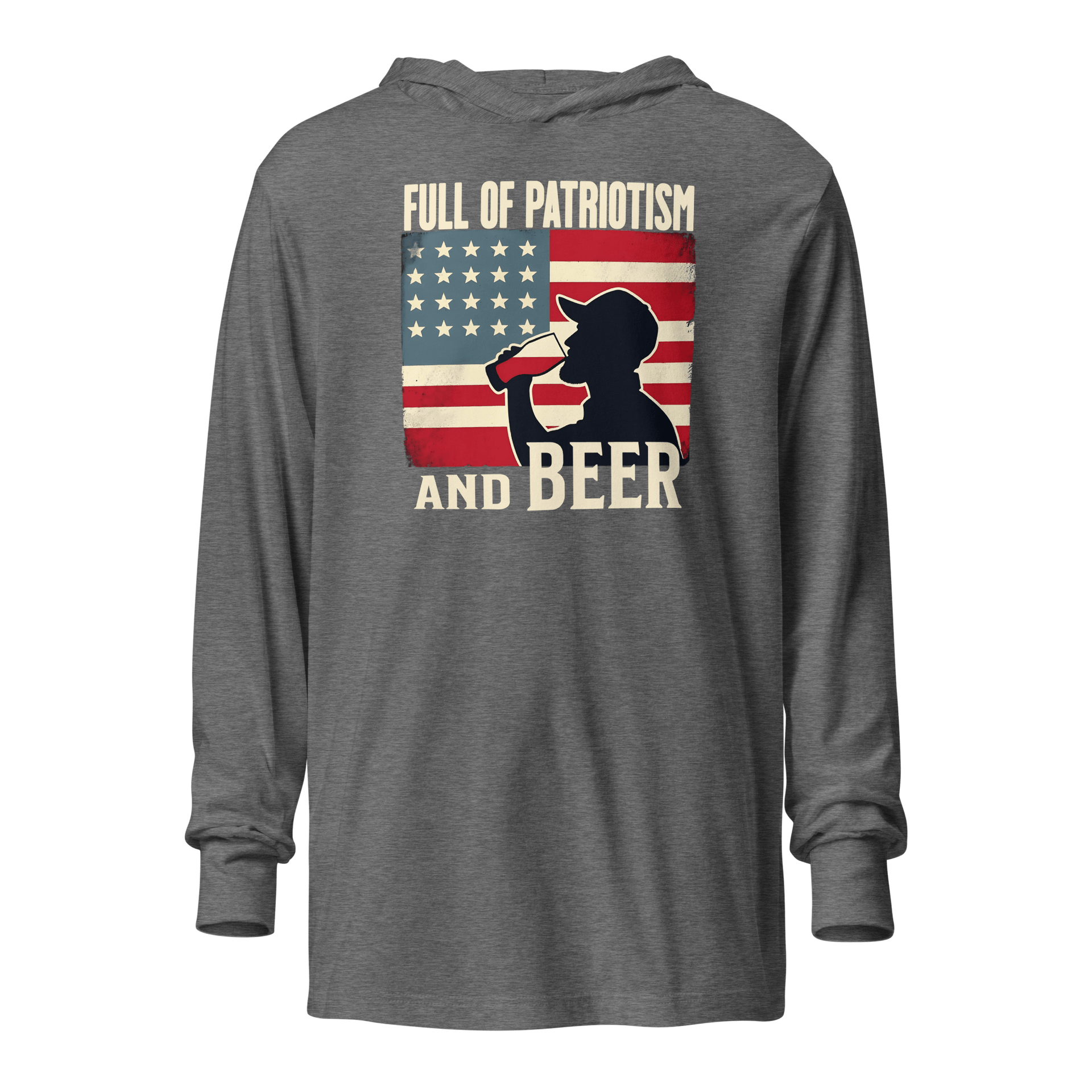 Lightweight hoodie with Full of Patriotism and Beer text and a distressed American flag background. Perfect for 4th of July.