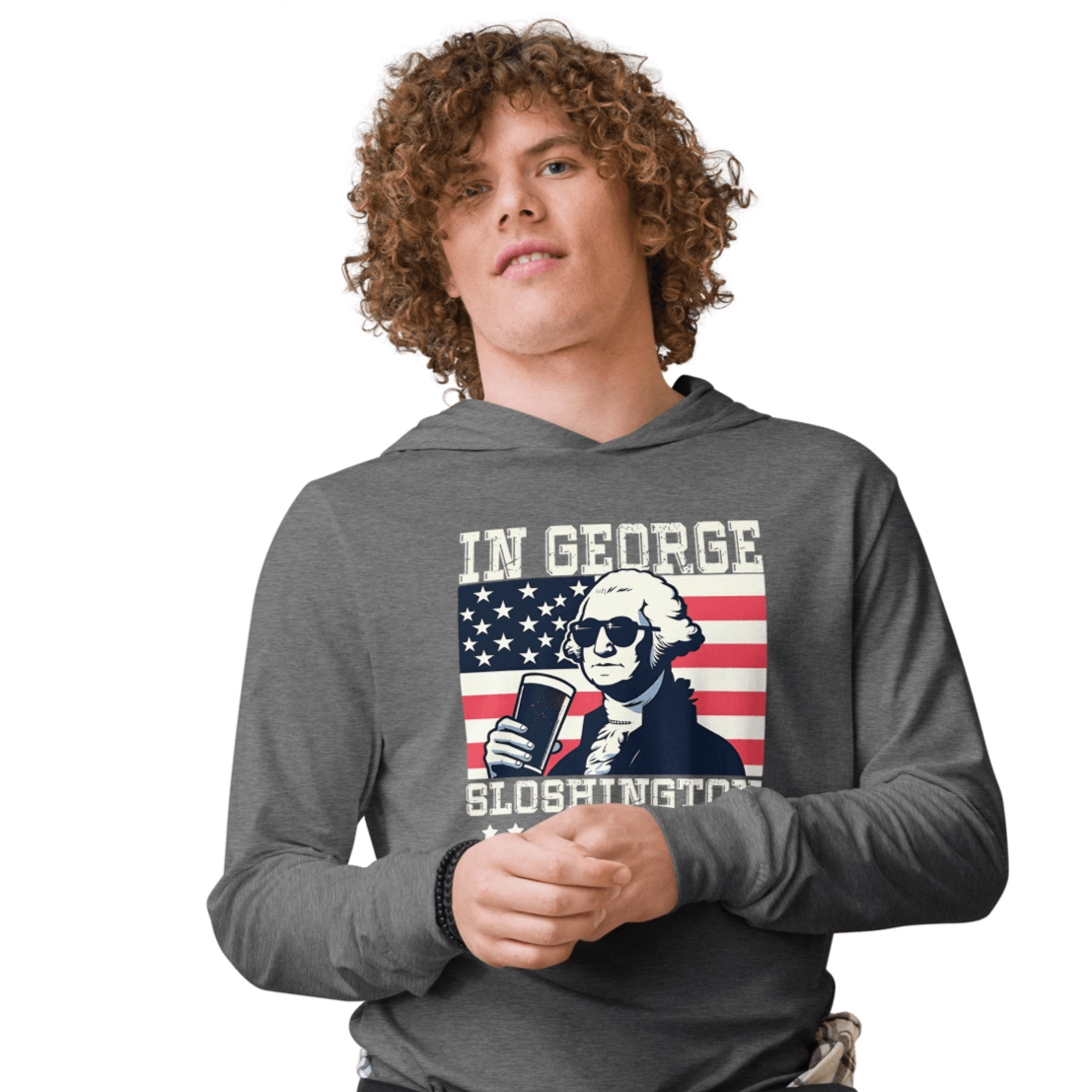 Celebrate with style in our In George Sloshington We Trust 4th of July hoodie! Perfect for cool nights & patriotic parties. Light & comfy with a unique design.