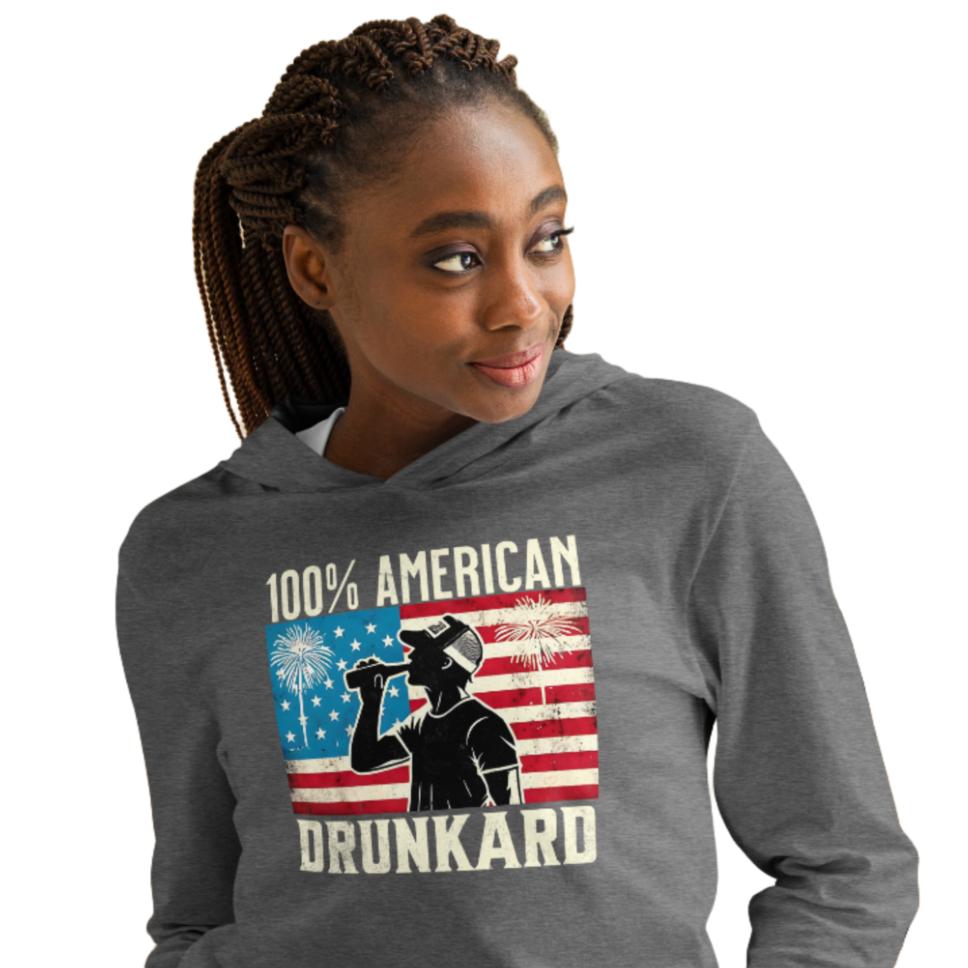 Get ready for the 4th of July with our lightweight '100% American Drunkard' hoodie. Perfect for BBQs and celebrations, it mixes comfort with patriotic fun.