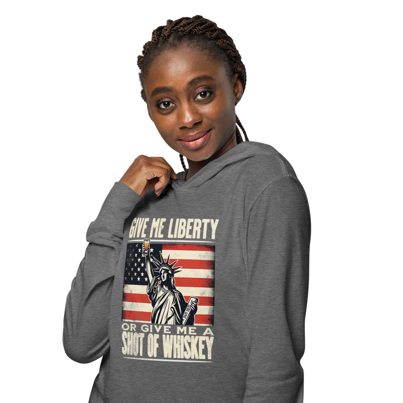 Rock your 4th of July in our lightweight hoodie with the Statue of Liberty & whiskey design. Perfect for celebrating in style and comfort.