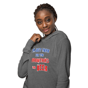 Woman wearing "I'm Just Here for the Fireworks and Beer" lightweight hoodie in dark grey with red, white, and blue text.