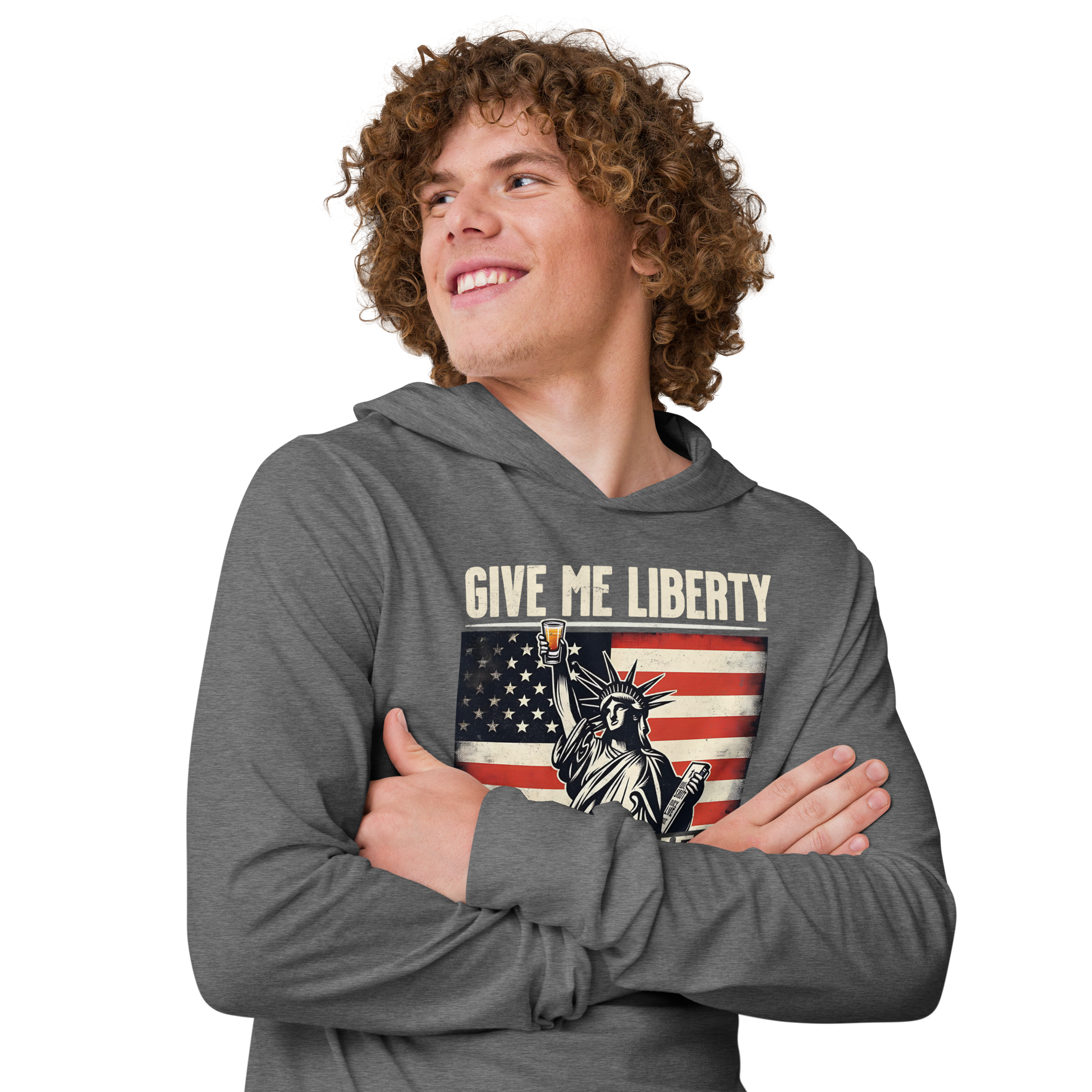 Lightweight hoodie with Give Me Liberty or Give Me a Shot of Bourbon text, Statue of Liberty holding a shot glass, and distressed American flag background. Perfect for 4th of July.