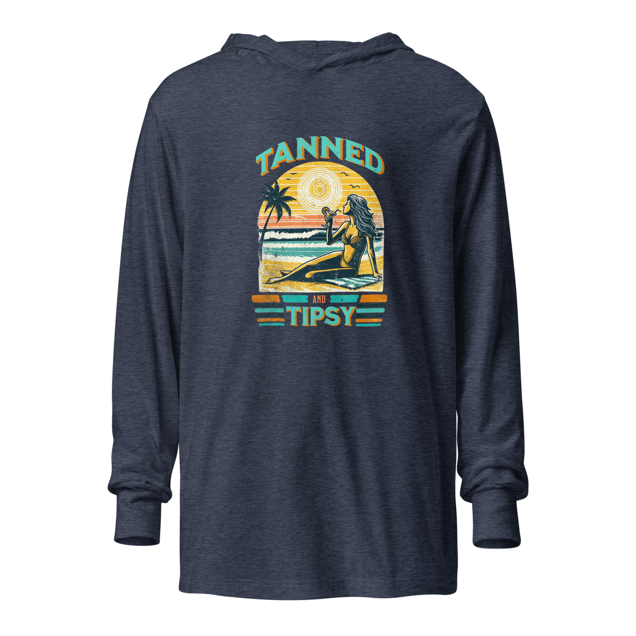 Lightweight 'Tanned and Tipsy' hoodie featuring a retro beach cocktail design, perfect for cooler summer evenings and stylish beach parties.