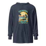 Lightweight 'Tanned and Tipsy' hoodie featuring a retro beach cocktail design, perfect for cooler summer evenings and stylish beach parties.