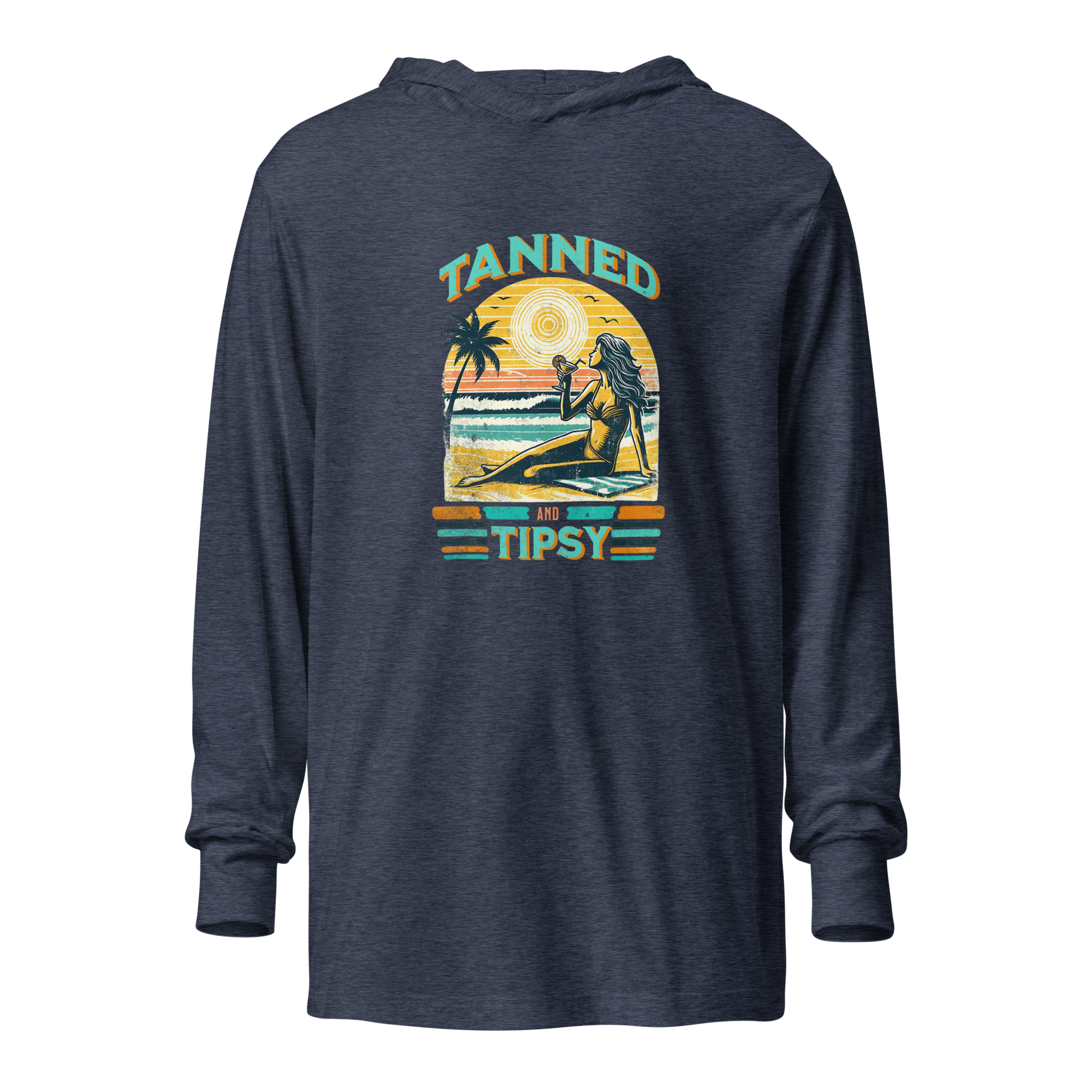 Lightweight 'Tanned and Tipsy' hoodie featuring a retro beach cocktail design, perfect for cooler summer evenings and stylish beach parties.