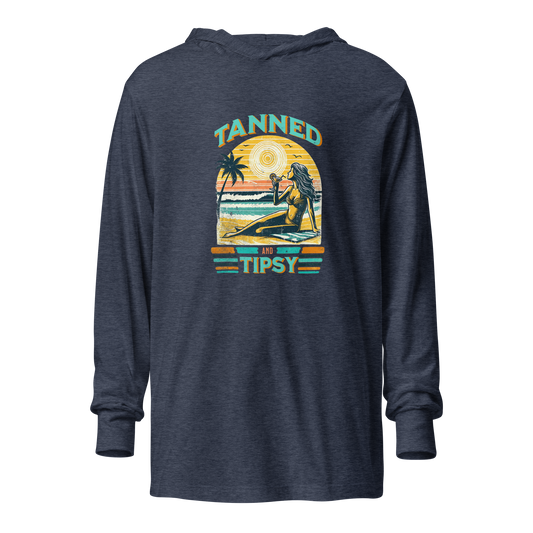 Lightweight 'Tanned and Tipsy' hoodie featuring a retro beach cocktail design, perfect for cooler summer evenings and stylish beach parties.
