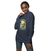 Lightweight 'Tanned and Tipsy' hoodie featuring a retro beach cocktail design, perfect for cooler summer evenings and stylish beach parties.