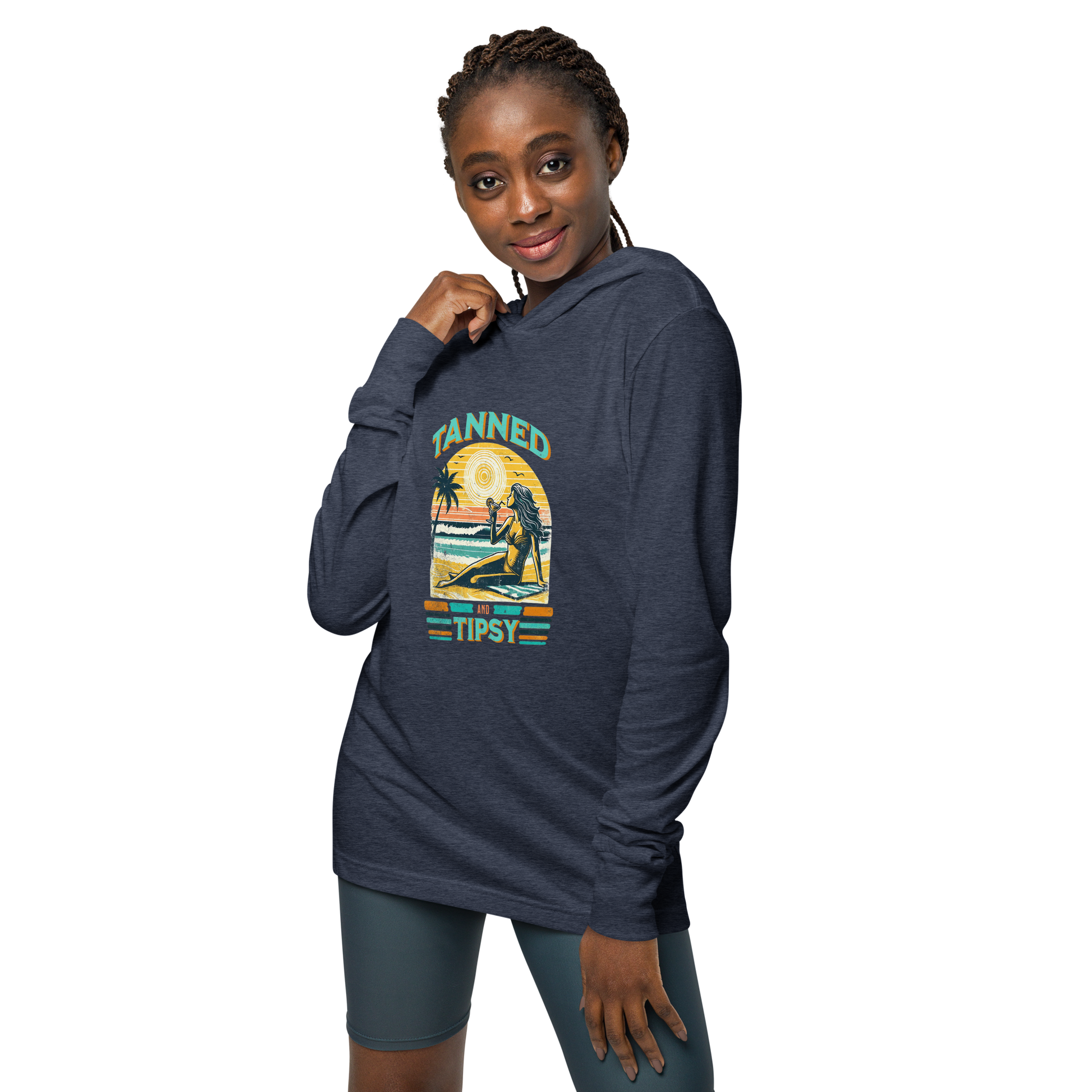 Lightweight 'Tanned and Tipsy' hoodie featuring a retro beach cocktail design, perfect for cooler summer evenings and stylish beach parties.