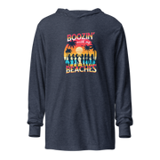 Cozy up in our 'Boozin' with My Beaches' Hoodie, perfect for beach evenings. Retro sunset and cocktails design.