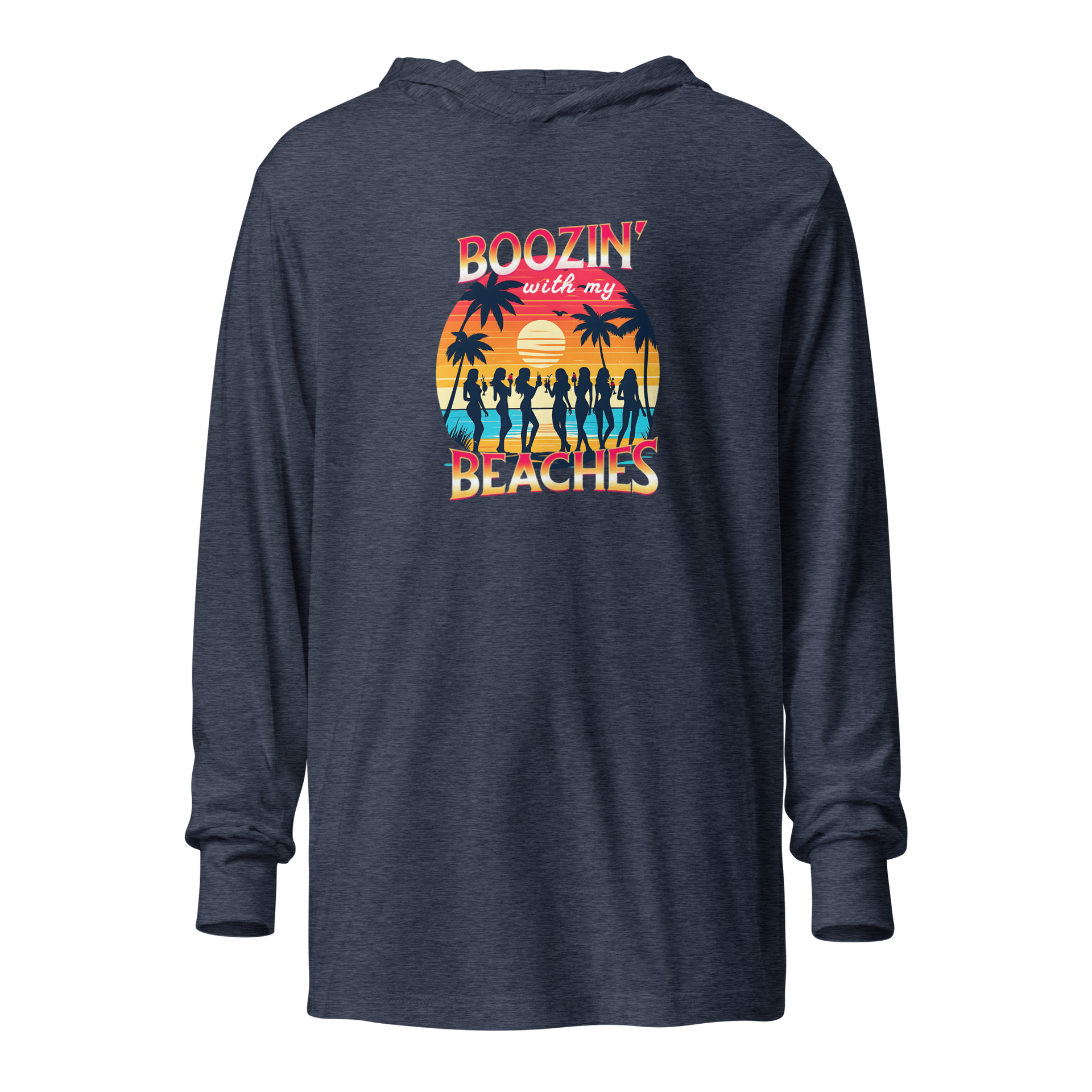 Cozy up in our 'Boozin' with My Beaches' Hoodie, perfect for beach evenings. Retro sunset and cocktails design.