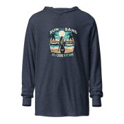 Lightweight hoodie with beach scene, woman holding cocktail, in 'Sun, Sand, and a Drink in My Hand' design.