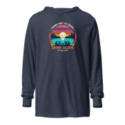 Lightweight hoodie depicting friends drinking by the lake under a retro sunset, perfect for cooler evenings.