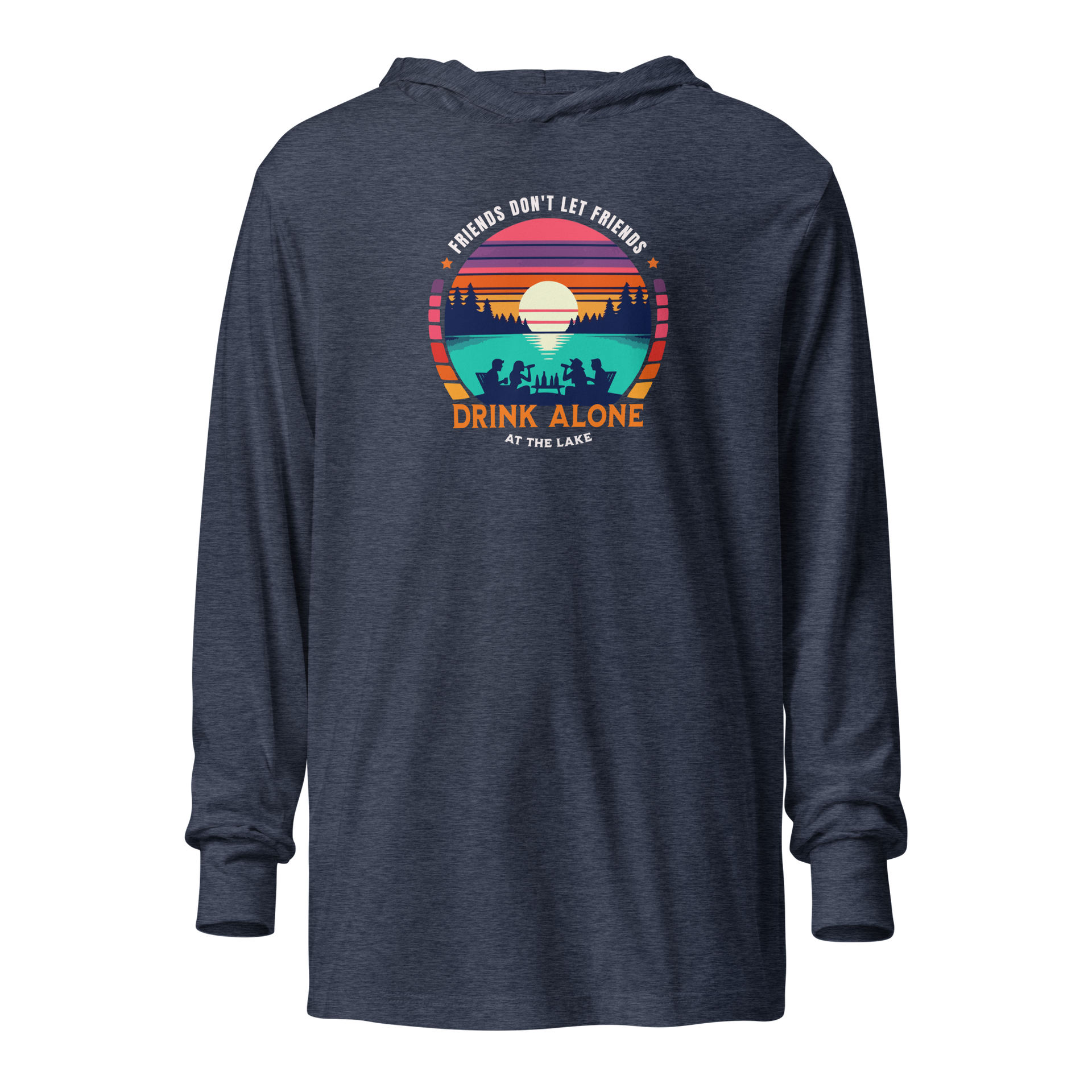 Lightweight hoodie depicting friends drinking by the lake under a retro sunset, perfect for cooler evenings.