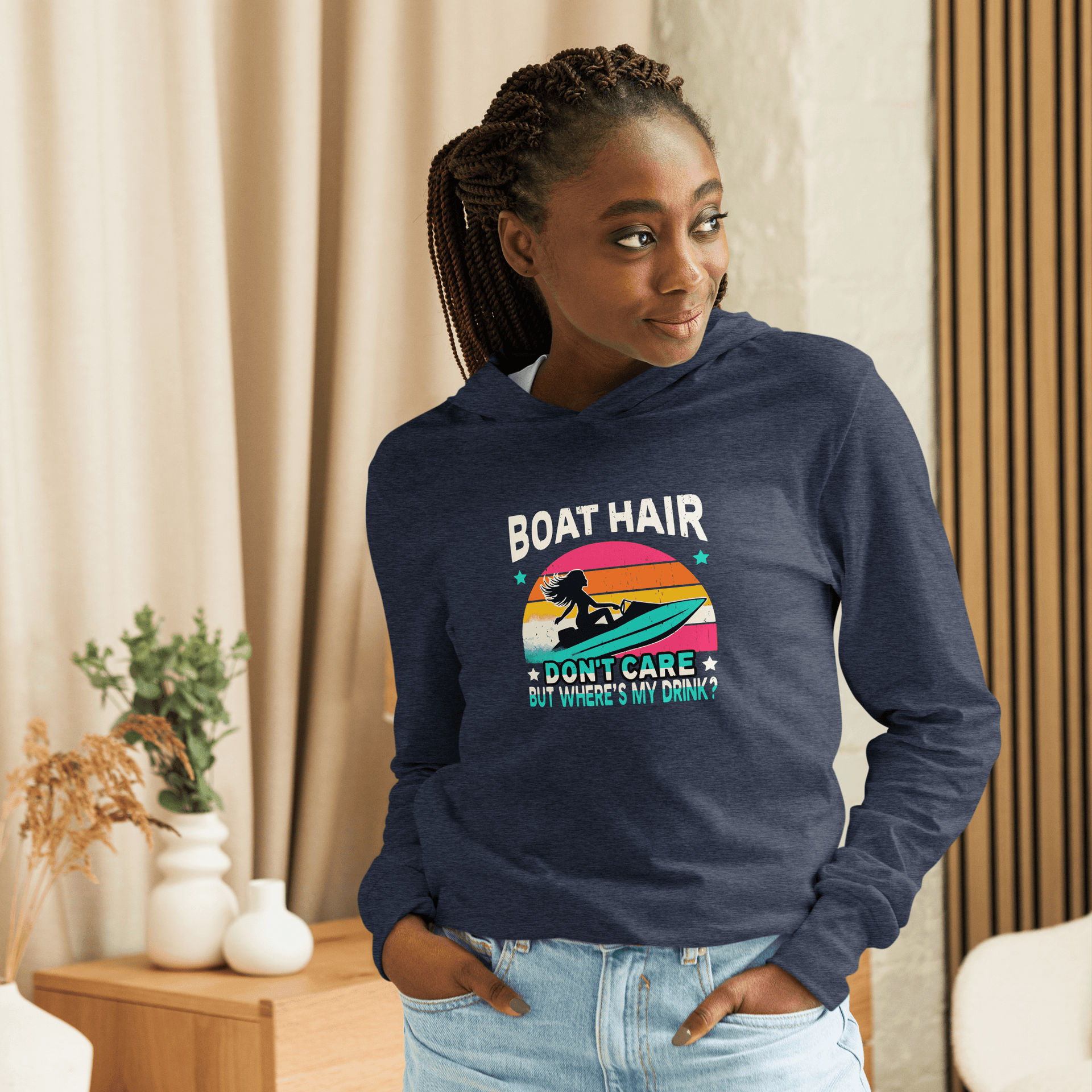 Lightweight hoodie with "Boar Hair Don't Care, But Where's My Drink?" and a woman on a jet ski, set against a retro sunset.