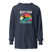 Lightweight hoodie with "Boar Hair Don't Care, But Where's My Drink?" and a woman on a jet ski, set against a retro sunset.