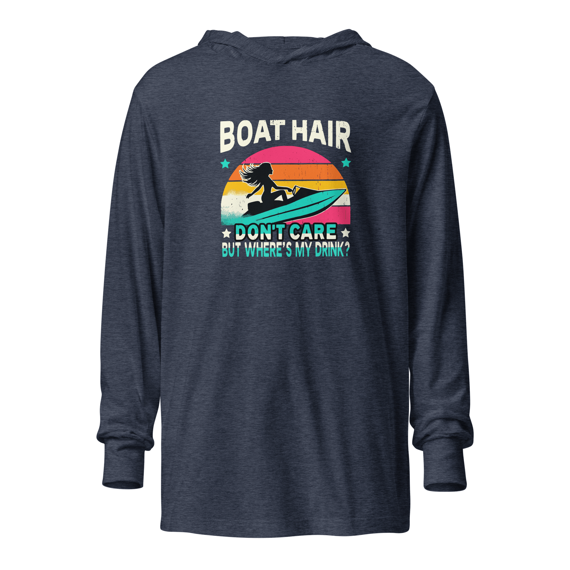 Lightweight hoodie with "Boar Hair Don't Care, But Where's My Drink?" and a woman on a jet ski, set against a retro sunset.