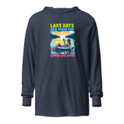 Lightweight hoodie with "Lake Days Are Made for Sipping and Dipping," featuring a woman on a tube float, lake and sunset.