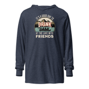 Lightweight hoodie displaying "It's a Good Day to Drink at the Lake with Friends," with an image of friends drinking on a boat, lake and mountains in the background.