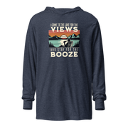 Lightweight hoodie featuring "I Come to the Lake for the Views and Stay for the Booze" with a man in a beach chair, lake, and retro sunset.