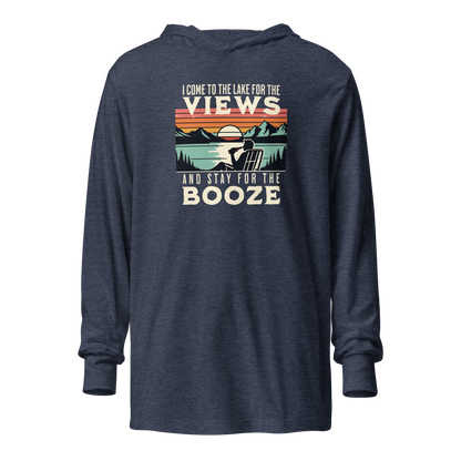 Lightweight hoodie featuring "I Come to the Lake for the Views and Stay for the Booze" with a man in a beach chair, lake, and retro sunset.