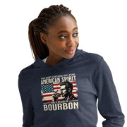 Lightweight hoodie with 'This Shirt Contains 100% American Spirit and a Splash of Bourbon' text, man drinking a glass of bourbon, and distressed American flag background.