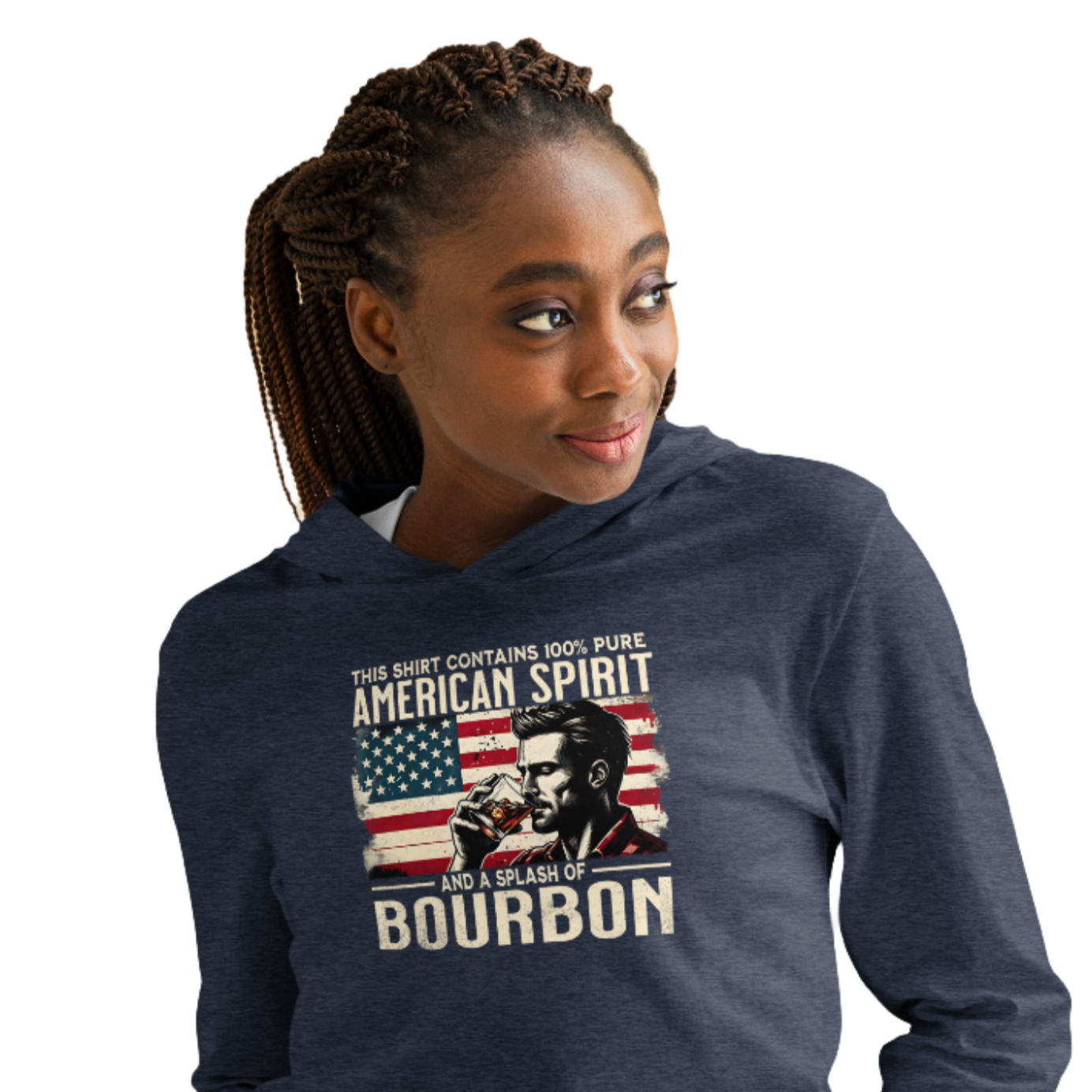 Lightweight hoodie with 'This Shirt Contains 100% American Spirit and a Splash of Bourbon' text, man drinking a glass of bourbon, and distressed American flag background.