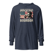 Lightweight hoodie with 'This Shirt Contains 100% American Spirit and a Splash of Bourbon' text, man drinking a glass of bourbon, and distressed American flag background.