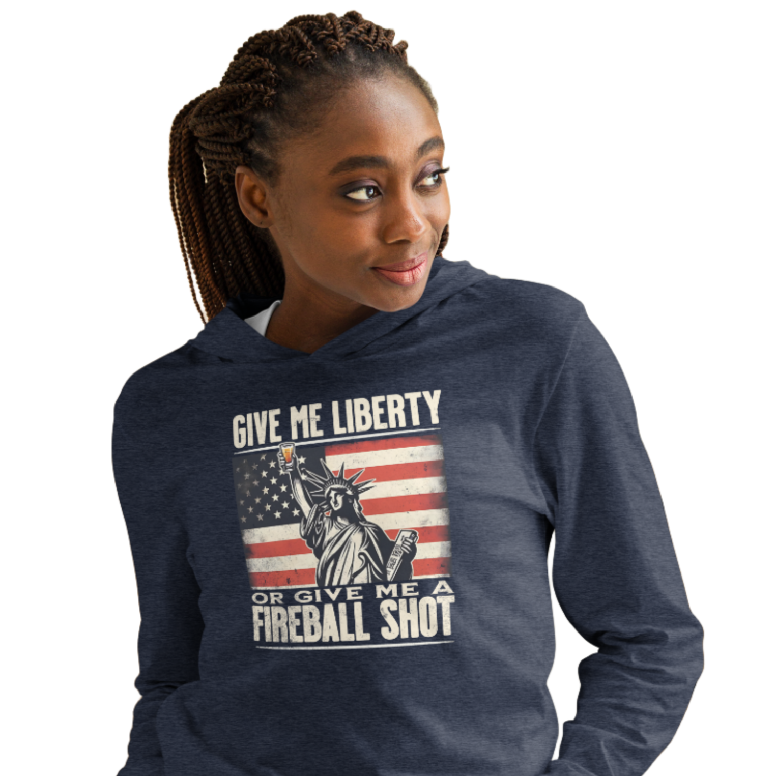 Lightweight hoodie with 'Give Me Liberty or Give Me a Fireball Shot' text, Statue of Liberty holding a shot glass, and distressed American flag background. Perfect for 4th of July."