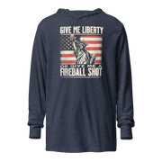 Lightweight hoodie with 'Give Me Liberty or Give Me a Fireball Shot' text, Statue of Liberty holding a shot glass, and distressed American flag background. Perfect for 4th of July."