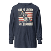 Lightweight hoodie with Give Me Liberty or Give Me a Shot of Bourbon text, Statue of Liberty holding a shot glass, and distressed American flag background. Perfect for 4th of July.