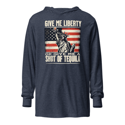 Lightweight hoodie with Give Me Liberty or Give Me a Shot of Tequila text, Statue of Liberty holding a shot glass, and distressed American flag background. Perfect for 4th of July.