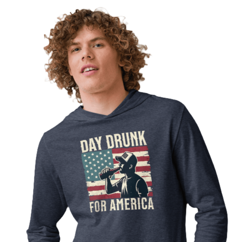 Lightweight hoodie with Day Drunk for America text, silhouette of a man drinking a bottle of beer, and distressed American flag background. Perfect for 4th of July.