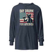 Lightweight hoodie with Day Drunk for America text, silhouette of a man drinking a bottle of beer, and distressed American flag background. Perfect for 4th of July.