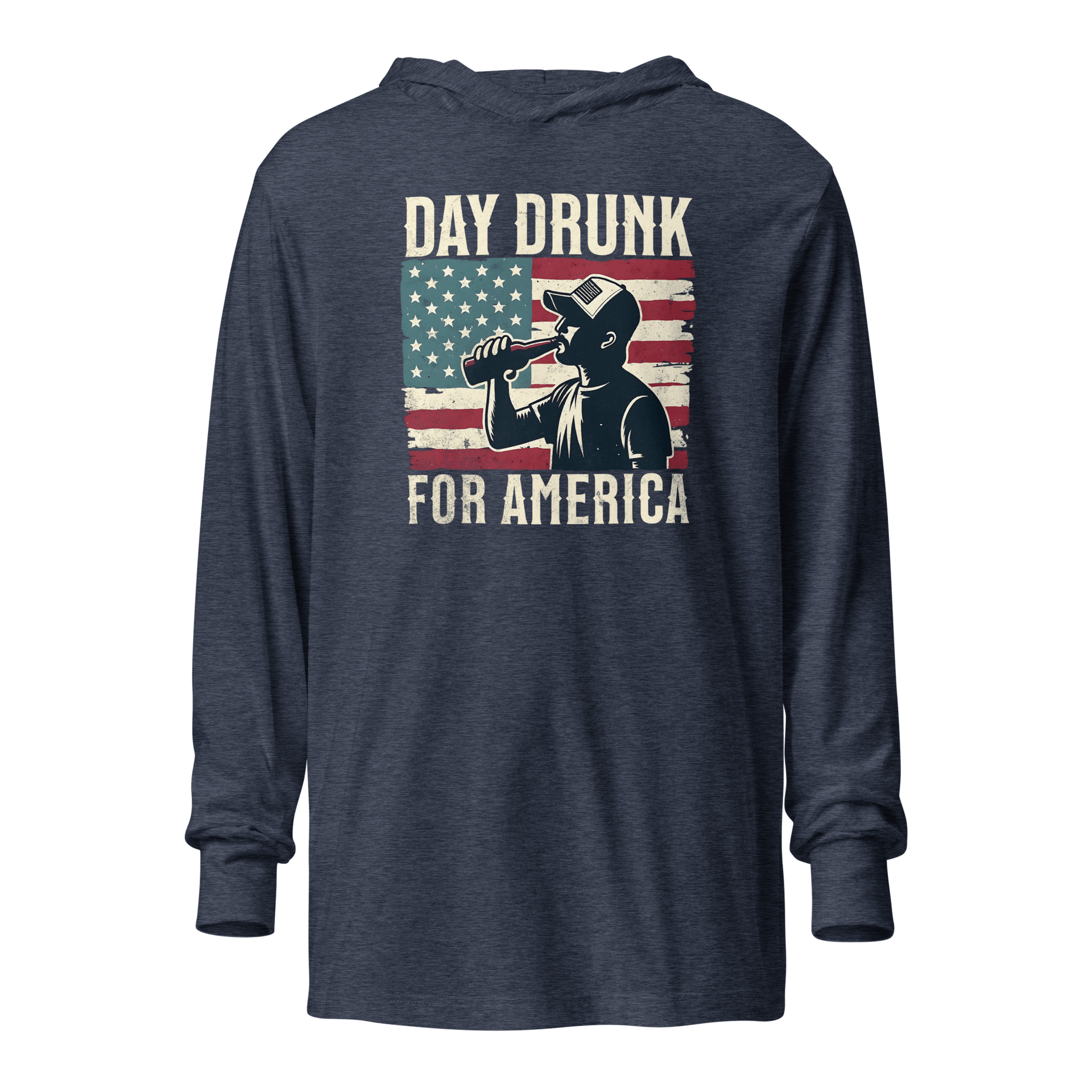 Lightweight hoodie with Day Drunk for America text, silhouette of a man drinking a bottle of beer, and distressed American flag background. Perfect for 4th of July.