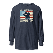 Lightweight hoodie with Red White and Blue Drinking Team text, man drinking beer, and distressed American flag background. Perfect for 4th of July.