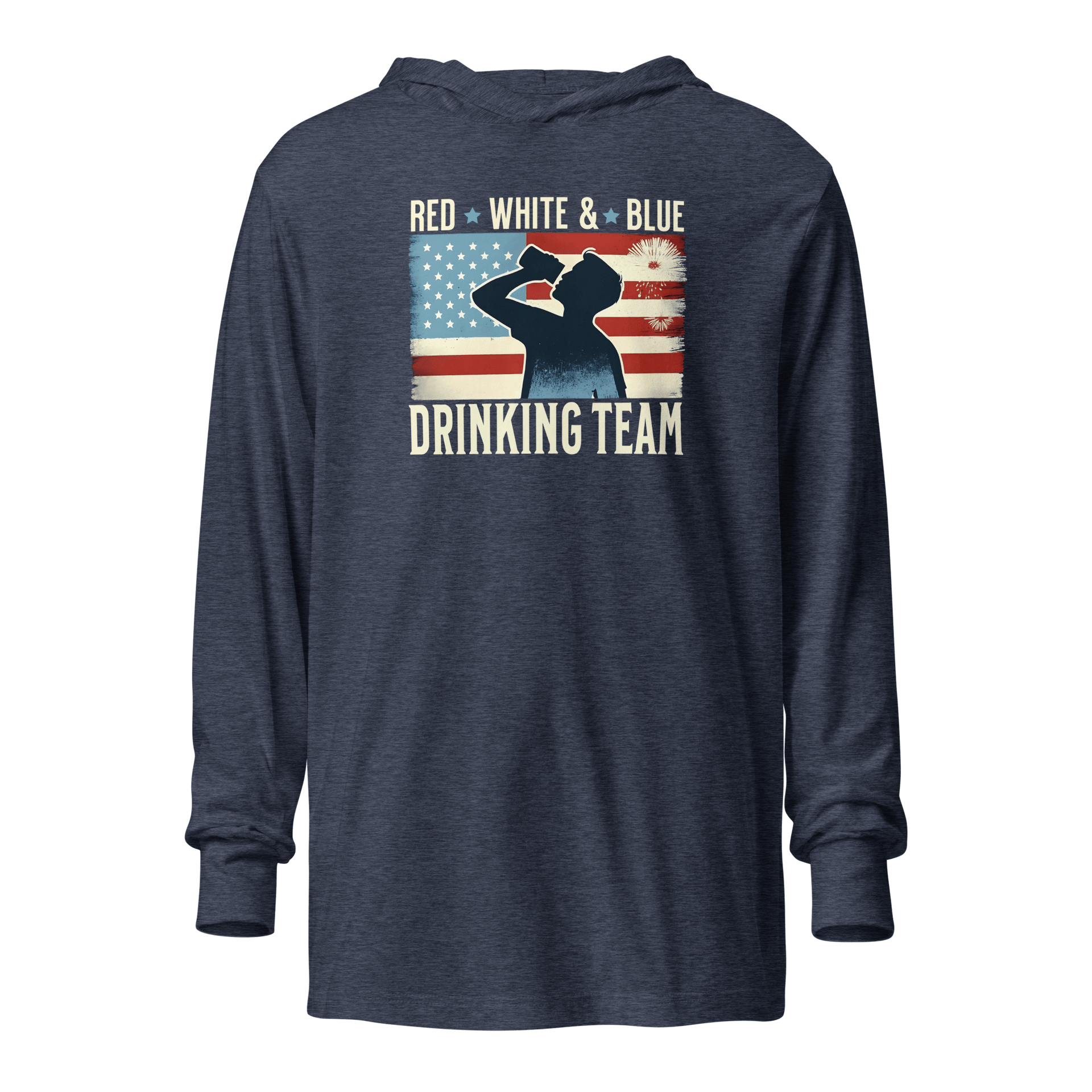 Lightweight hoodie with Red White and Blue Drinking Team text, man drinking beer, and distressed American flag background. Perfect for 4th of July.