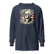 Lightweight hoodie with Let's Get This Party Founded text, George Washington drinking a beer, and distressed American flag background. Perfect for 4th of July.