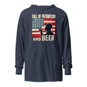 Lightweight hoodie with Full of Patriotism and Beer text and a distressed American flag background. Perfect for 4th of July.