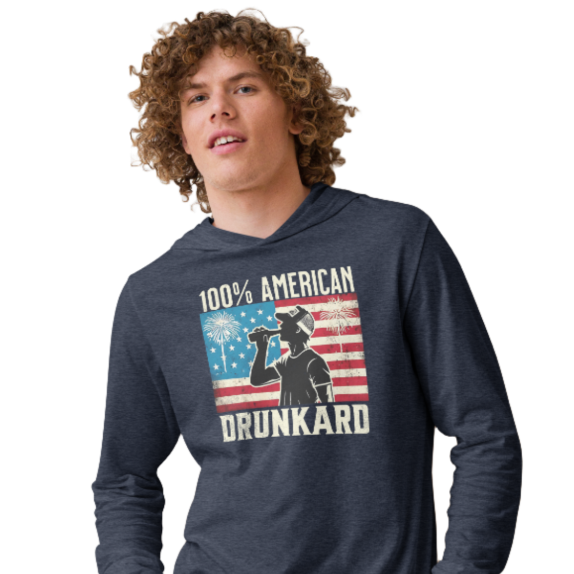 Get ready for the 4th of July with our lightweight '100% American Drunkard' hoodie. Perfect for BBQs and celebrations, it mixes comfort with patriotic fun.