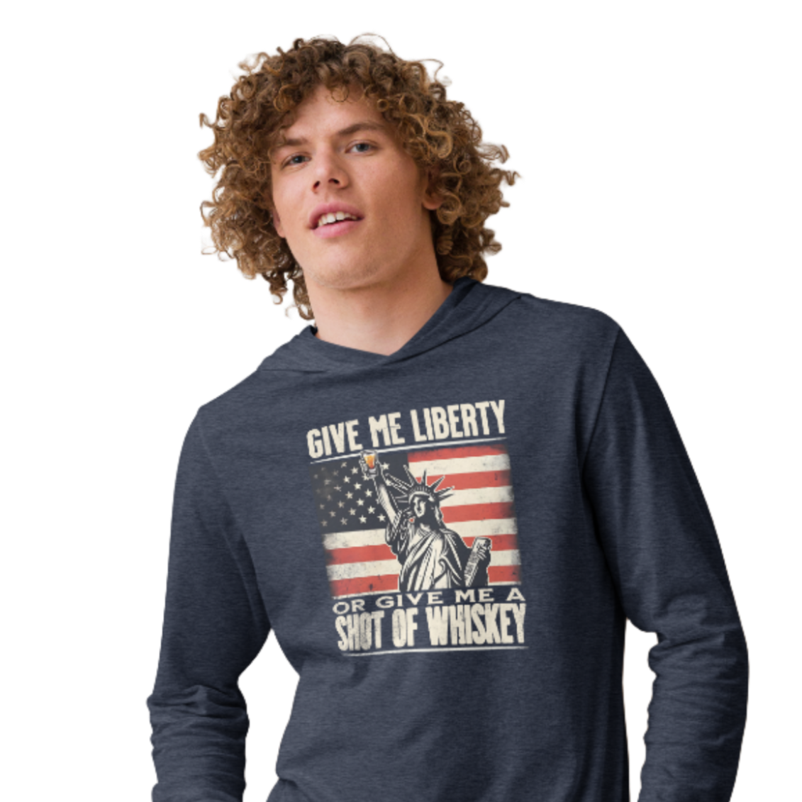 Rock your 4th of July in our lightweight hoodie with the Statue of Liberty & whiskey design. Perfect for celebrating in style and comfort.